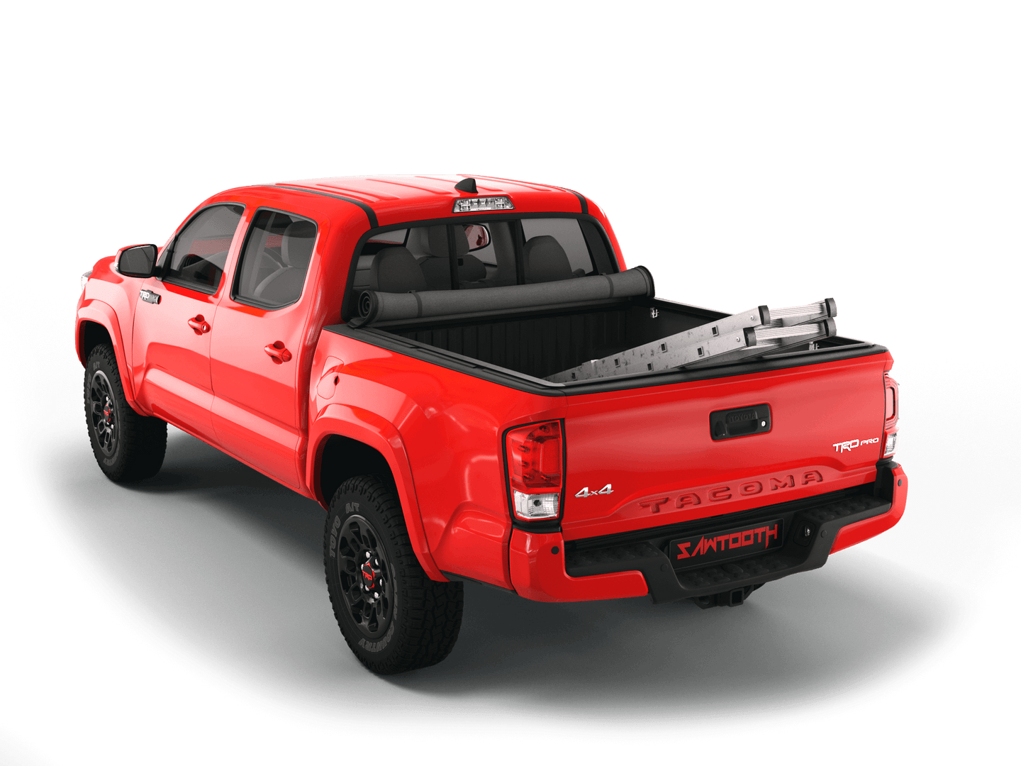 Red Toyota Tacoma with Sawtooth Stretch expandable soft roll up tonneau cover with ladder and open tailgate